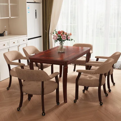 Vista 18 de Juego de sillas de mesa de comedor para 4, mesa rectangular de madera maciza de 59 pulgadas con patas curvas y 4 sillas de cuero sintético