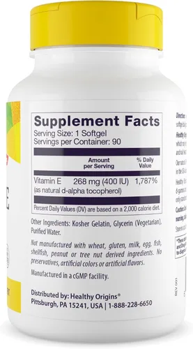 Vista 2 de Healthy Origins Vitamina E, 400 UI con tocoferoles mixtos de origen natural, suplemento de vitamina E, sin OMG y sin gluten, vitamina para la piel
