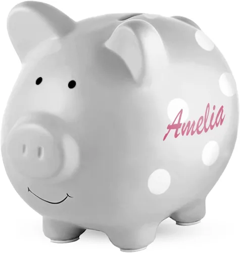 Alcancía personalizada para niños, alcancía personalizada de cerámica de tamaño perfecto con soportes de goma, caja de dinero de cerdo con nombre