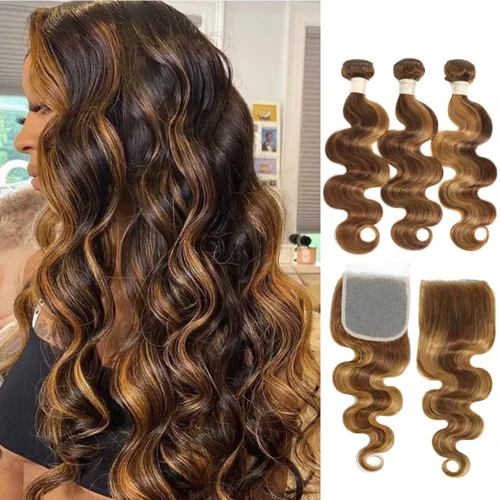 Vista 44 de ALHER Cierre de Encaje 4x4 Body Wave Rubio Miel con Mechas Marrones Ombré 4/27 Coloreado Cierre 4x4 Ondulado Raya Libre Melt 10 Pulgadas 12A