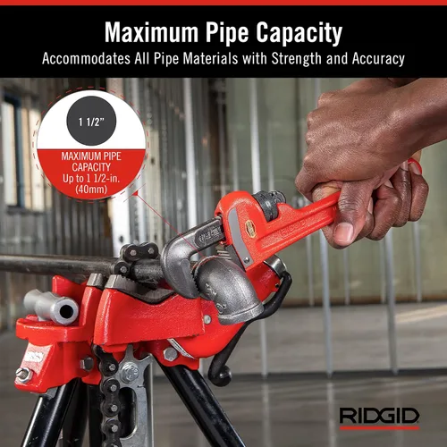 Vista 4 de RIDGID 31305 Modelo E-110 Llave de tubo de 9.5" con boca hexagonal desviada, roja, fabricada en EE. UU. y 31010 Modelo 10 Llave de tubo recta
