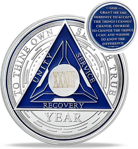 Vista 56 de Moneda de sobriedad de triángulo de recuperación de 1 año – Monedas de plata con números romanos NA AA – 1-40 fichas y medallones NA/HA/AA Prime