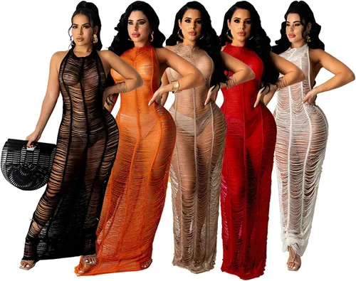 Vista 3 de Vestido largo sexy sin mangas con cuello halter de malla transparente para mujer vestido largo de ganchillo sin espalda de punto para playa