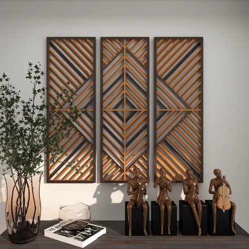 Vista 7 de Deco 79 Decoración de pared geométrica de madera para el hogar, diseño de madera, escultura de pared, juego de 3 arte de pared de 12 pulgadas