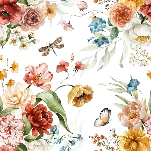 Papel tapiz vintage de 17.7 x 118 pulgadas, diseño de rosas coloridas, flores, autoadhesivo, acuarela, hojas verdes, mariposas, papel mural para