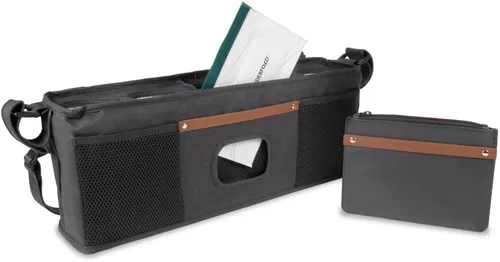 WONDERFOLD Organizador de cochecito de consola para padres con portavasos aislados, cierre de gancho y lazo, 2 bolsillos de almacenamiento y correa