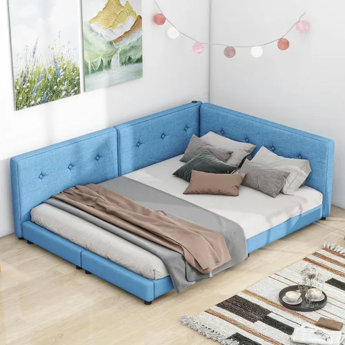 Vista 62 de Sofá cama de tamaño individual con 2 cajones y barandilla rústica, cama de plataforma capitán de madera con soporte de listones resistente, sofá