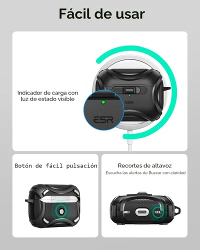 Vista 10 de ESR Funda para AirPods Pro (2023/2022/2019, 2ª/1ª generación), compatible con AirPods Pro de 2ª generación (cable USB-C/Lightning), MagSafe, bloqueo