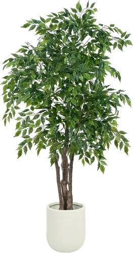 Árbol de ficus artificial con troncos triples, árbol de ficus falso de 5.5 pies en maceta negra, árbol artificial alto en maceta para interiores y