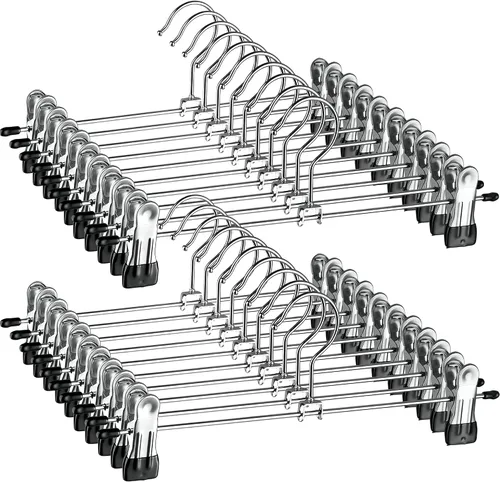 ZOBER Perchas de metal para pantalones con clips, paquete de 20 perchas para faldas que ahorran espacio para mujer, cromadas, antideslizantes, clips
