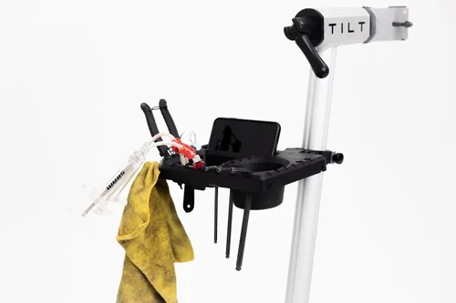 Vista 4 de Bandeja de herramientas - Soporte de reparación de bicicletas de ajuste universal, bandeja de trabajo ajustable, se fija a cualquier soporte