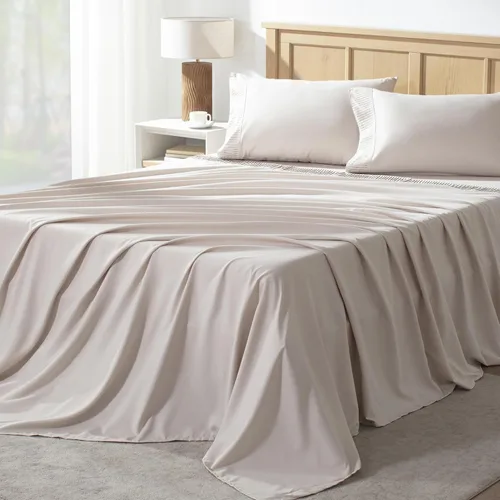 Juego de sábanas Andency tamaño Queen de 4 piezas, sábanas súper suaves color Avena para cama tamaño Queen, juego de sábanas Queen de microfibra,
