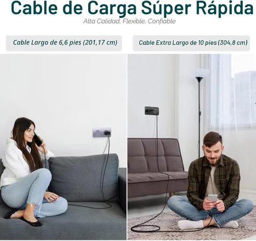 Vista 7 de TT&C - Cargador rápido USB C de 30 W con cables de 10 pies y 6.6 pies para Negro