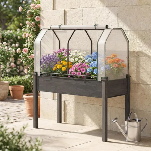 Vista 2 de Giantex Cama de jardín elevada con mini invernadero, con puerta de doble cremallera, maceta de 48 x 22 x 54 pulgadas con casa verde para patio, Gris