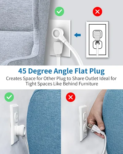 Vista 6 de Regleta de alimentación con 6 tomas espaciadas superanchas con USB, cable de extensión de 10 pies, protector de sobretensiones de enchufe plano