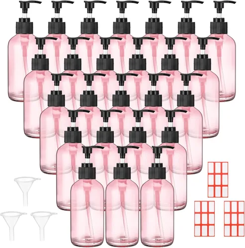 Vista 9 de Tanlade 24 botellas de bomba de vidrio de 8 onzas, botella vacía, dispensador de jabón de vidrio con bomba, recipientes recargables y embudos