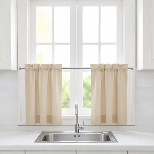 Aquazolax Half Window Curtains 24 Inch Length, 28" Wide Rod Pocket Small Window Treatment for Kitchen, Bathroom, Camper, Beige, 2 Panels Set