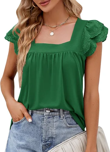 Bequemer Laden Camisas de verano para mujer, cuello cuadrado, encaje con volantes, manga corta, blusas casuales de trabajo, túnica de moda para
