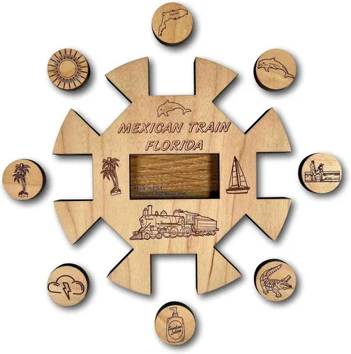 Vista 2 de Tren Mexicano *Edición Florida* Hub y Tokens juego de dominó de madera