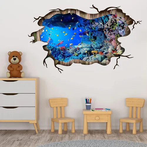 Vista 6 de Calcomanías de pared 3D bajo el mar, diseño de peces marinos, calcomanías de pared removibles para despegar y pegar, impermeable, para habitación