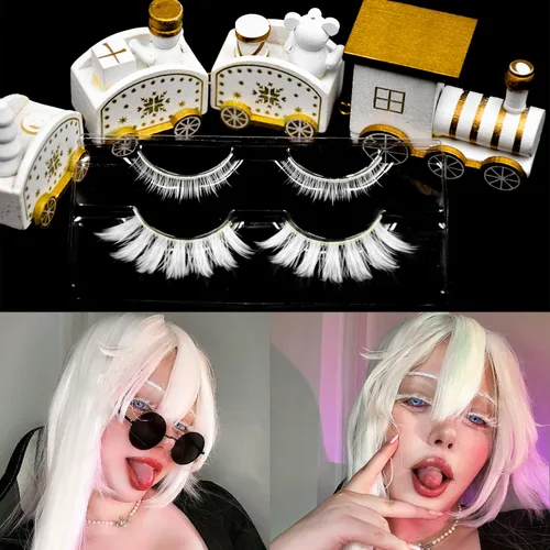 Vista 7 de Pestañas postizas blancas de Halloween, herramientas de extensión superior e inferior, anime japonés, cosplay, maquillaje natural, para fiesta