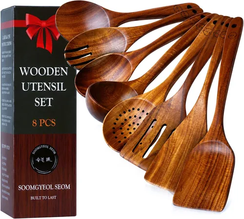 Juego de Utensilios de Madera de Teca 100% Natural – 8 Piezas de Cucharas de Cocina Duraderas para Cocinar – Antiadherentes y Resistentes al Calor,