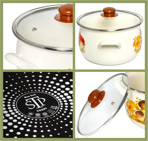 Vista 6 de STP GOODS Olla de aluminio esmaltado para setas y vientre, cazuela profunda con tapa de vidrio, utensilios de cocina, olla para sopa