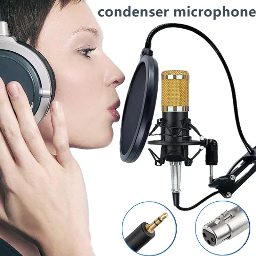Vista 8 de Paquete de equipo de podcast, kit de micrófono BM-800 con tarjeta de sonido en vivo, brazo de suspensión ajustable para micrófono de tijera, montura