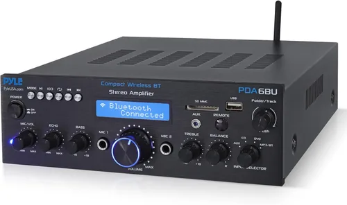 Pyle PDA6BU.5 Amplificador estéreo Bluetooth compacto – Receptor de audio de escritorio con radio FM, lectores MP3/USB/SD, pantalla digital LCD,