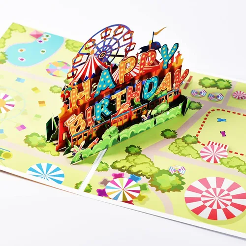 Vista 4 de Tarjetas desplegables de feliz cumpleaños, tarjeta desplegable de regalo de cumpleaños para parque de atracciones, tarjetas de felicitación