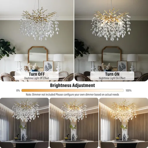 Vista 7 de YUYI 23.6" Candelabro moderno de oro con ramas de árbol de cristal, iluminación redonda de gota de lluvia de 8 luces para comedor, sala de estar