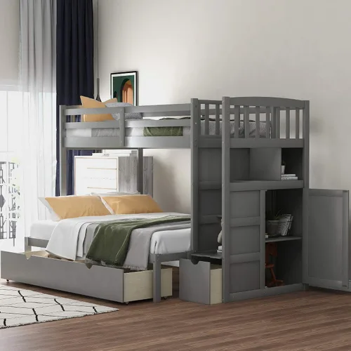 Vista 3 de Harper & Bright Designs - Litera con cama de tamaño individual sobre cama de tamaño matrimonial/individual, con 3 cajones, 4 espacios de Gris