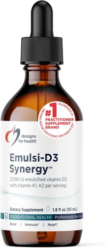 Designs for Health Emulsi-D3 Synergy - Líquido de vitamina D de 2000 UI con vitamina K, líquido emulsionado D3 K2 gotas para apoyo del sistema