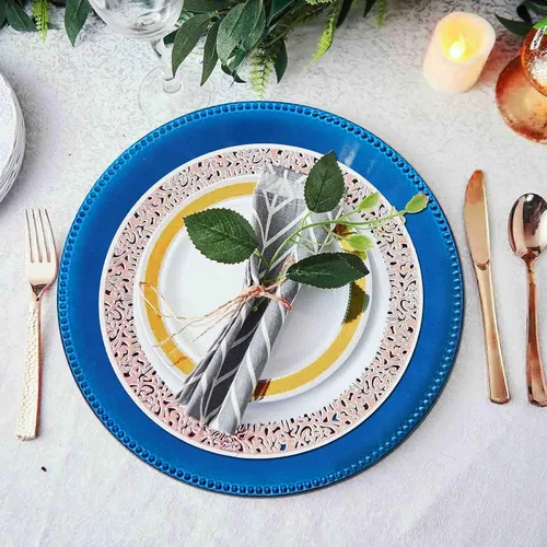 Vista 2 de Balsa Circle 6 piezas Platos Base Redondos con Cuentas de Cristal Azul Real de 13 Pulgadas Juego de Vajilla para Servir para Fiestas Navideñas