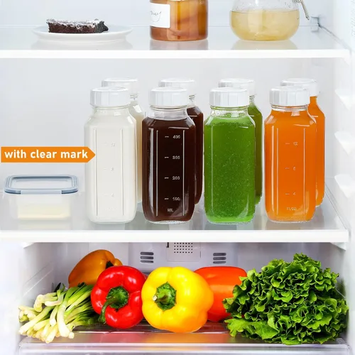 Vista 6 de Sovietiep Paquete de 4 Botellas de Leche de Vidrio Cuadradas de 16 Oz con Tapa Dispensadora de Silicona, Botellas de Jugo de Vidrio con Tapa