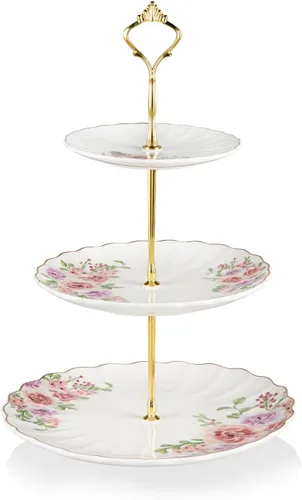 Vista 15 de Sweejar Soporte de cerámica para tartas de 3 niveles, soporte para postres, soporte para cupcakes, bandeja para servir pasteles de fiesta de té