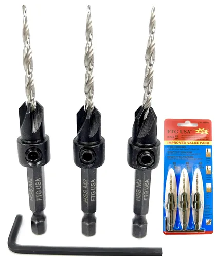 Vista 25 de FTG USA Juego de 3 brocas avellanadoras ajustables para madera #4 (7/64 pulgadas) con brocas cónicas para carpintería