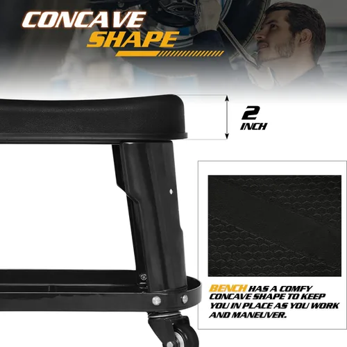 Vista 4 de Magshion Garage Shop - Asiento enrollable con soporte para herramientas y bandeja integrados, taburete mecánico de alta resistencia con ruedas