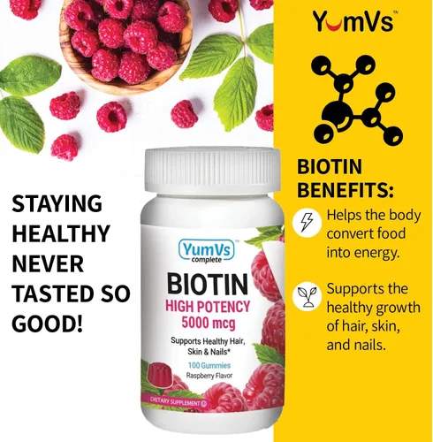 Vista 3 de YUM-V's Gomitas de biotina – Vitaminas de biotina de alta potencia 5,000 mcg – Vitaminas naturales para el cabello sabor frambuesa – Gomitas Kosher