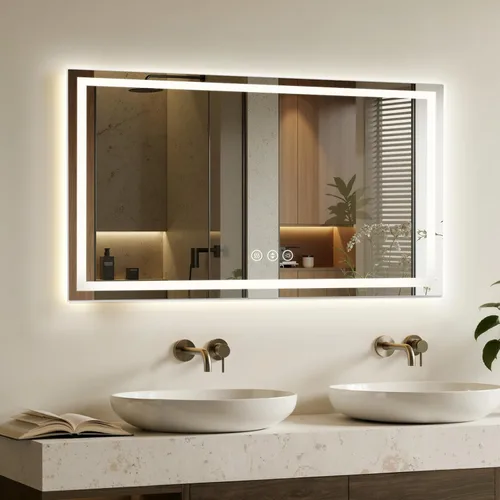 Vista 14 de Espejo de baño LED de 16 x 24 pulgadas con luces, antiniebla, retroiluminado + luz frontal, espejo de tocador de baño iluminado para pared, función