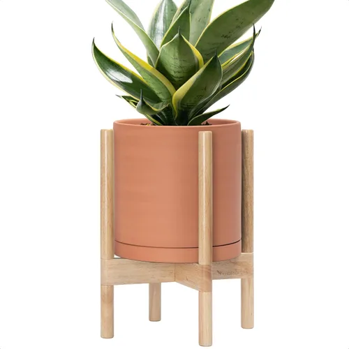 Vista 35 de D'vine Dev Maceta de cerámica con soporte de ébano – Maceta redonda moderna de 8 pulgadas con soporte para maceta de madera, color negro, 55-B-M-2