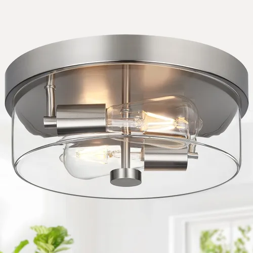 Vista 15 de Lámparas de techo de montaje empotrado, lámpara de techo de latón de 2 luces para granja con pantalla de vidrio sembrado, lámpara de techo