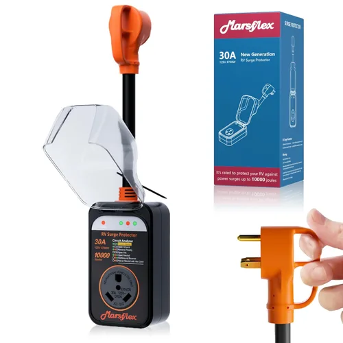 Marsflex Protector de sobretensiones para RV, analizador de circuito de 30 amperios, protección contra sobretensiones de 10000 julios con cubierta