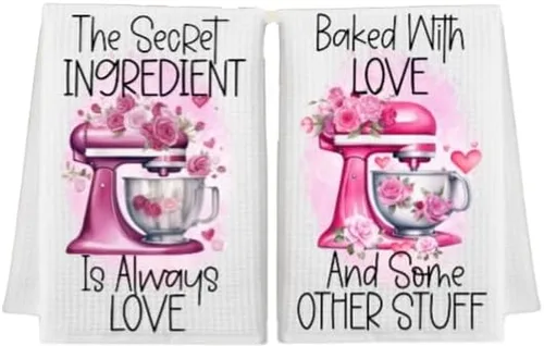 Vista 2 de Baked With/Secret Ingredient Love-Valentine Microfiber White Waffle Weave Towel. 16 x 24 in. Absorbent, No Lint, Thick, Reusable, Soft, Hand Towel