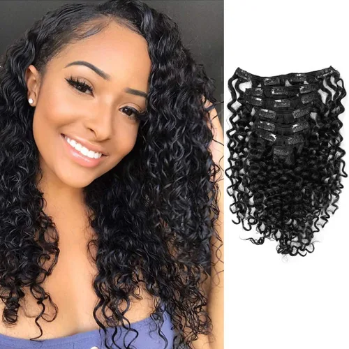 Vista 8 de Anrosa - Extensiones de cabello con clip de onda de agua, cabello humano natural negro 1B, extensiones de cabello rizado con doble trama y clip