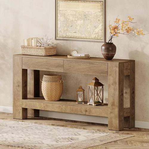 Vista 9 de Tribesigns Mesa consola de 63 pulgadas con 2 cajones, mesa de entrada de granja con estante de almacenamiento y patas resistentes, mesa de sofá