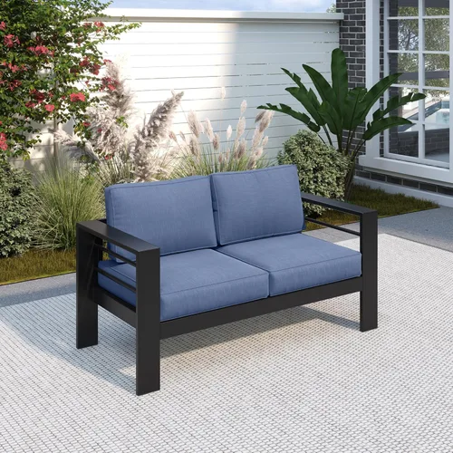 Vista 30 de Solaste Muebles de Patio Sillón de Metal, 2 PCS Silla de Sofá Contemporánea de Jardín Exterior de Aluminio para Todo Clima con Cojines, Azul