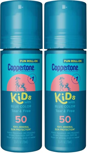 Vista 12 de Coppertone Loción de protección solar enrollable para niños SPF 50, protector solar para niños sin lágrimas con color azul y protección solar