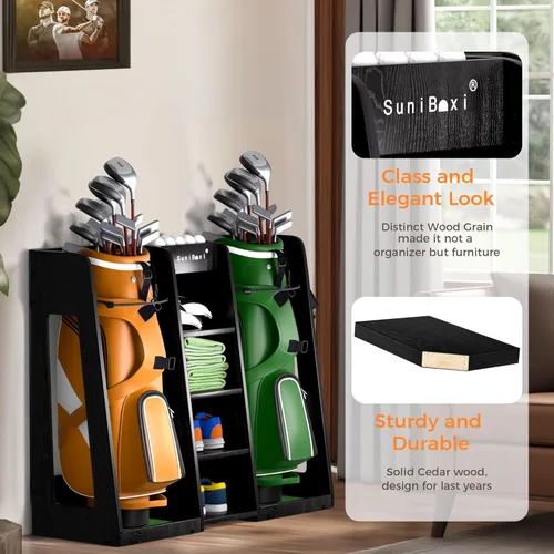 Vista 3 de SuniBoxi Wooden Golf Storage Organizer for Garage, Premium Golf Bag Holder Rack for Golfing Accessories, for Golfers,Husband, Dad