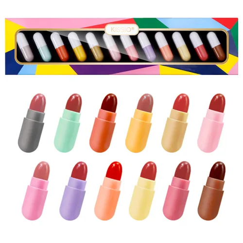 KISSIO Juego de mini lápiz labial de 12 colores, lápiz labial mate, cápsulas de labios, impermeable, cápsulas de larga duración, lápiz labial de